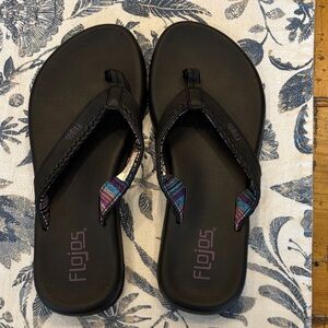 Flojos Black Sandals with Purple & Teal Woven Straps
